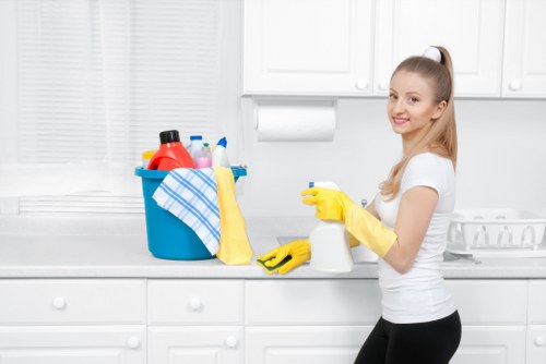 Commercial cleaning team working in an Enfield office reception area